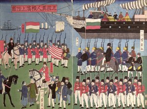 Ankomsten av skvadronen til Commodore Perry til en japansk havn i 1853 (treblokktrykk i farger) av Japanese School