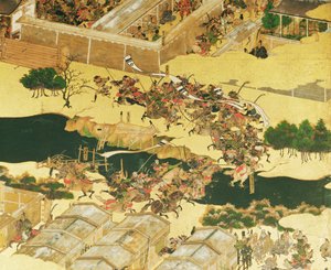 Slaget ved Hogen fra en skjerm, Momayama Period (1568-1600) (penn og blekk, farge og gull lagt på panel) (detalj)