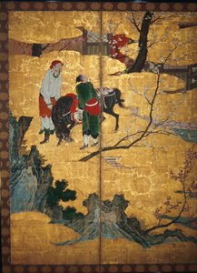 Rettsbesøket til de fire vismennene på Mount Shang; Su Shis-besøk til vind- og vannhulen, detalj fra et par sammenleggbare skjermer med seks paneler, Momoyama-perioden (wc og gull på papir) av Japanese School