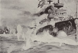 Mikasa kjemper tappert mot den russiske skvadronen utenfor Port Arthur 10. august (litho) av Japanese School