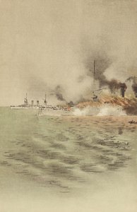 Varyag satt i brann av hennes eget mannskap for å forhindre fangst ved Chemulpo (chromolitho) av Japanese School