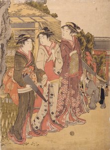 Three Beauties In The Marketplace (farget treblokktrykk) av Japanese School