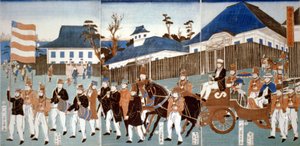 Triptyk som viser en parade av utlendinger, Yokohama, i en hestetrukket åpen vogn og ledet av en mann som bærer stjerner og striper, og et militærkorps, 1861. Utagawa Yoshigawa (aktiv 1850–1870) japansk ukiyo-e-artist. av Japanese School