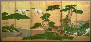 To kraner som dykker bak furu og steinved, Edo-perioden av Japanese School