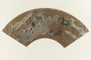 Uten tittel - Vifteformet maleri av damer som sitter i en paviljong og spiller et spill, 1603-1868 av Japanese School