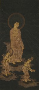Innbydende Descent of the Amida Buddha Triad (gull og farge på indigo-farget silke) av Japanese School