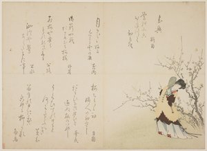 Kvinne i kinesisk hoffantrekk, ca. 1830-44 (farget treblokktrykk, karazuri på pels) av Japanese School