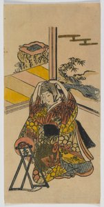Ung kvinne som kneler ved siden av et speil, Edo-periode, 1720-tallet (treblokktrykk i farger) av Japanese School