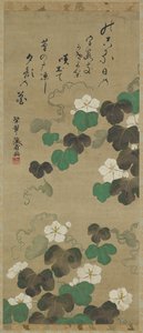 Yugao-ranker og et dikt, hengende rulle (montert på panel), 1700-1800-tallet (farge på papir) av Japanese School