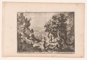 Landskap med historien om den barmhjertige samaritan: presten og levitten passerer offeret og etterlater det Historien om den barmhjertige samaritan (serietittel) av Jaspar de Isaac (attributed to)