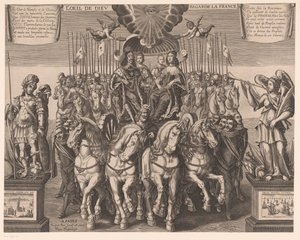 Ludvig XIII og Anna av Østerrike med Dauphin og hertugen av Anjou i en vogn trukket av fire hester L