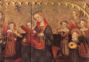 Rom fra en altertavle med jomfruen og barnet og englemusikere, tidlig på 1400-tallet (tempera på tre) av Jaume Cabrera
