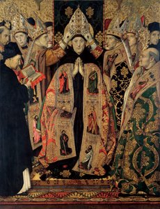 Retable de Saint Augustin - Innvielsen av Saint Augustine - Maleri av Huguet, Jaume (1412-1492) - 1462-1465 - Tempera på panel - 250x193 - Museu Nacional d