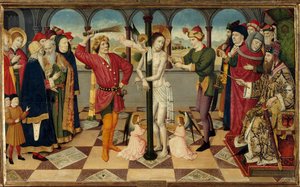 Kristi pisking foran Pontius Pilatus. Detrempe på tre av Jaume (= Jaime) Huguet den eldre (1415-1492). Dim. 0,92 x 1,56 m.