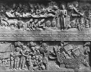 Borobudur-tempelet relieff av Bodhisattva-bading (stein)