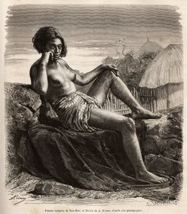 Innfødt kvinne fra Taio-Hae (eller Taio Hae), i skjærgården til markisene, viser nonchalant sine tatoverte ben, gravering etter en tegning av A.Rixens som illustrerer minnene fra Stillehavet, i 1872-1874, av A.Pailhes, et skipsskilt, publisert i «Le t