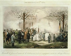 Begravelsen til Louis-Alexandre Dechet (Jenneval) (1801-30) og hans ledsagere som døde på æresmarken, 24. oktober 1830, gravert av Dewasme-Pletinckx av Jean Baptiste (after) Madou