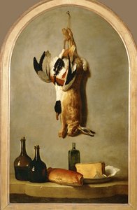 Stillleben mit totem Hasen, Ente, Flaschen, Brot und Käse von Jean-Baptiste (school of) Oudry