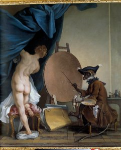 Apemaleren. Olje på lerret, 0,89 x 0,62 m. - Malerapen. Maleri av Jean Baptiste Deshays (1729 - 1765)
