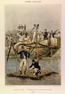 Typer og uniformer av den franske Armee av kaptein Jules Richard, illustrert av Edouard Detaille (1848-1912): Corps de Genie; Bygging av en bro av faskiner i 1887, Privat samling av Jean Baptiste Edouard Detaille
