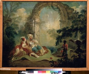 Orientalisme: "Tyrkisk pasha og odalisque liggende på et teppe, de blir servert av en svart tjener" (tyrkisk pasha og odalisque) Maleri av Jean Baptiste Hilaire (1753-cirka 1822) Pouchkine Museum, Moskva av Jean Baptiste Hilaire