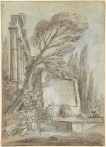 Arkitektonisk fantasi av romerske ruiner med en inskripsjonsplakett, ca. 1768 (brun blekk på papir)