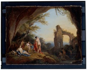 Nymphen und Satyrn in einer Flusslandschaft Diana und Aktäon in einer Landschaft mit Ruinen