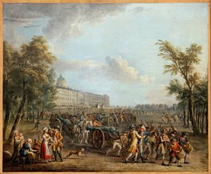 Plyndring av våpen ved Invalides, folket i Paris, etter å ha tatt Garde Meuble i besittelse 13. juli, invaderte Invalides 14. juli 1789, og tok 4 kanoner og 34 000 kanoner, Maleri av Jean Baptiste Lallemand (1716-1803) . Fotografi, KIM Youngta