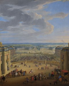 Perspektivvisning av slottet i Versailles på Place d#39;Armes og stallen. Stallen sett fra slottet i Versailles. av Jean-Baptiste Martin