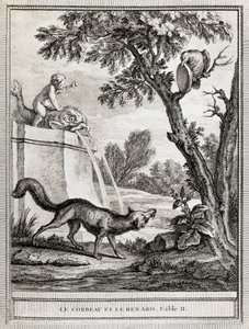 The Crow and the Fox, illustrasjon av Jean-Baptiste Oudry (1686-1755) for fabelen av Jean de La Fontaine (1621-1695) av Jean Baptiste Oudry