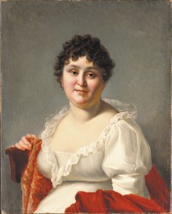 Portrett av Madame Regnault, bystelengde, i en hvit kjole og persimmonsjal (olje på lerret) av Jean Baptiste Regnault