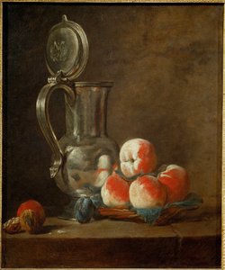 Tinnpotte med tallerken med fersken, svisker og nøtter (maleri på lerret) av Jean-Baptiste Simeon Chardin