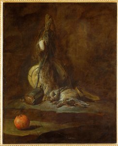 To døde harer med viltpose, kruttflaske og appelsin (maleri på lerret) av Jean-Baptiste Simeon Chardin