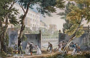 Galant scene ved inngangen til villaen i Roma, ca 1820, gravering av Jean-Baptiste Thomas (1791.1833) av Jean Baptiste Thomas