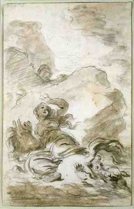Angelica når kysten der eremitten ligger i vente (kritt, penn, blekk og vask på papir) av Jean Honore Fragonard