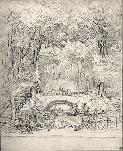 Kaskade i en hage (kritt på papir) av Jean Honore Fragonard