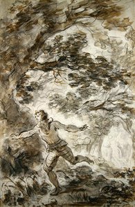 Ruggiero søker Angelica som har gjort seg usynlig (penn og blekk, kritt og vask på papir) av Jean Honore Fragonard