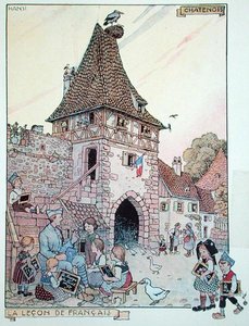 En fransk soldat som lærer fransk til barn fra Alsace som har blitt franske statsborgere igjen, illustrasjon fra 'Histoire de l'Alsace, Hansi, ca. 1915-16 (farge litho)