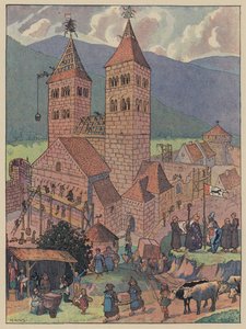 Bygging av Murbach Abbey, nær Guebwiller, Alsace (farge litho)