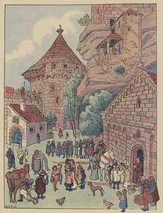 Avgang fra Chevalier du Hohbarr for korstogene (farge litho) av Jean Jacques Waltz