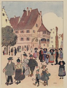 Tyske turister i en landsby i Alsace (farge litho)