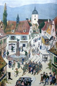 Tyskere okkuperer Alsace (farge litho)