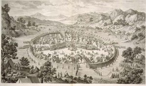 Tchao-Hoei okkuperer troppene sine med øvelser og militære spill i 1758, plate 5 fra en serie trykk som representerer erobringene av Qianlong, keiseren av Kina, gravert av Pierre Philippe Choffard (1730-1809) 1772 (gravering) av Jean (d.1781) (after) Damascene