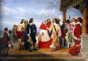 Nicolas Poussin Fransk maler som ankommer fra Roma blir presentert for Louis XIII, konge av Frankrike av kardinal Richelieu, detalj