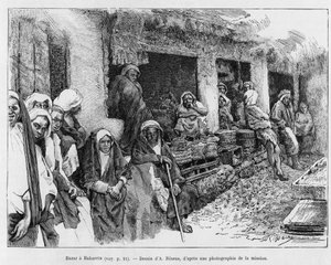 Basar i Bahrain, Tsjad. Gravering av A.Rixens for å illustrere historien A Suse, journal des excavilles