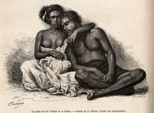 Den unge kongen av Vaitatu, på øya Tauata, i øygruppen Marquises-øyene, omgir seg til armene til sin kone, gravert etter en tegning av A.Rixens som illustrerer minnene fra Stillehavet, i 1872-1874, av A.Pailhes, et skips