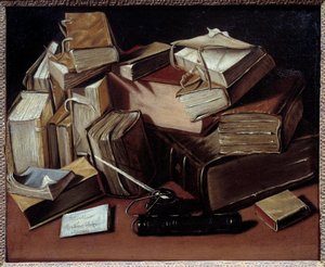 Stilleben med bøker Maleri av Jean Andreas Biset (1672-ca. 1710). Bourg en Bresse, Musee de Breu - Stilleben med bøker. Maleri av Jean Andreas Biset (1672-ca.1710). Breu-museet, Bourg en Bresse, Frankrike av Jean Andreas Biset