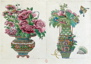 Tegning fra en kinesisk vase: blomsterpotte. Maleri av Jean Antoine Fraisse (1700-tallet)