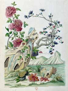 Tegning fra en kinesisk vase: blomster i et landskap. Maleri av Jean Antoine Fraisse (1700-tallet)