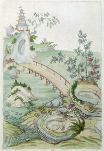 Tegning fra en kinesisk vase: landskap med bro. Maleri av Jean Antoine Fraisse (1700-tallet)